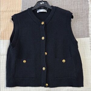 Zara Black Cardigan Vest with Gold Buttons